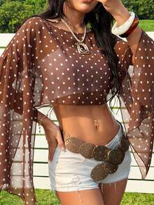 SHEIN EZwear Khaki Chiffon Polka Dot Women's Round Neck Slit Sleeve Cropped Shirt - Coffee Brown - View 6
