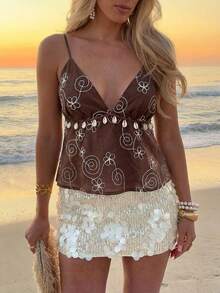 Aloruh 女士夏季度假花卉刺绣荷叶边吊带背心，度假装扮，露背上衣，荷叶边上衣，可爱夏季上衣，外出上衣，波西米亚风女装，欧洲夏季 - 棕色 - 查看 12