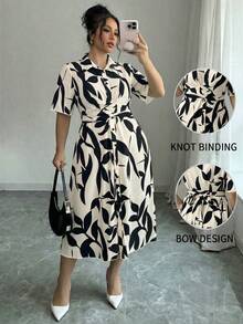 Elenzga Plus Size Casual Printed Short Sleeve Shirt Collar Dress - Apricot - View 1