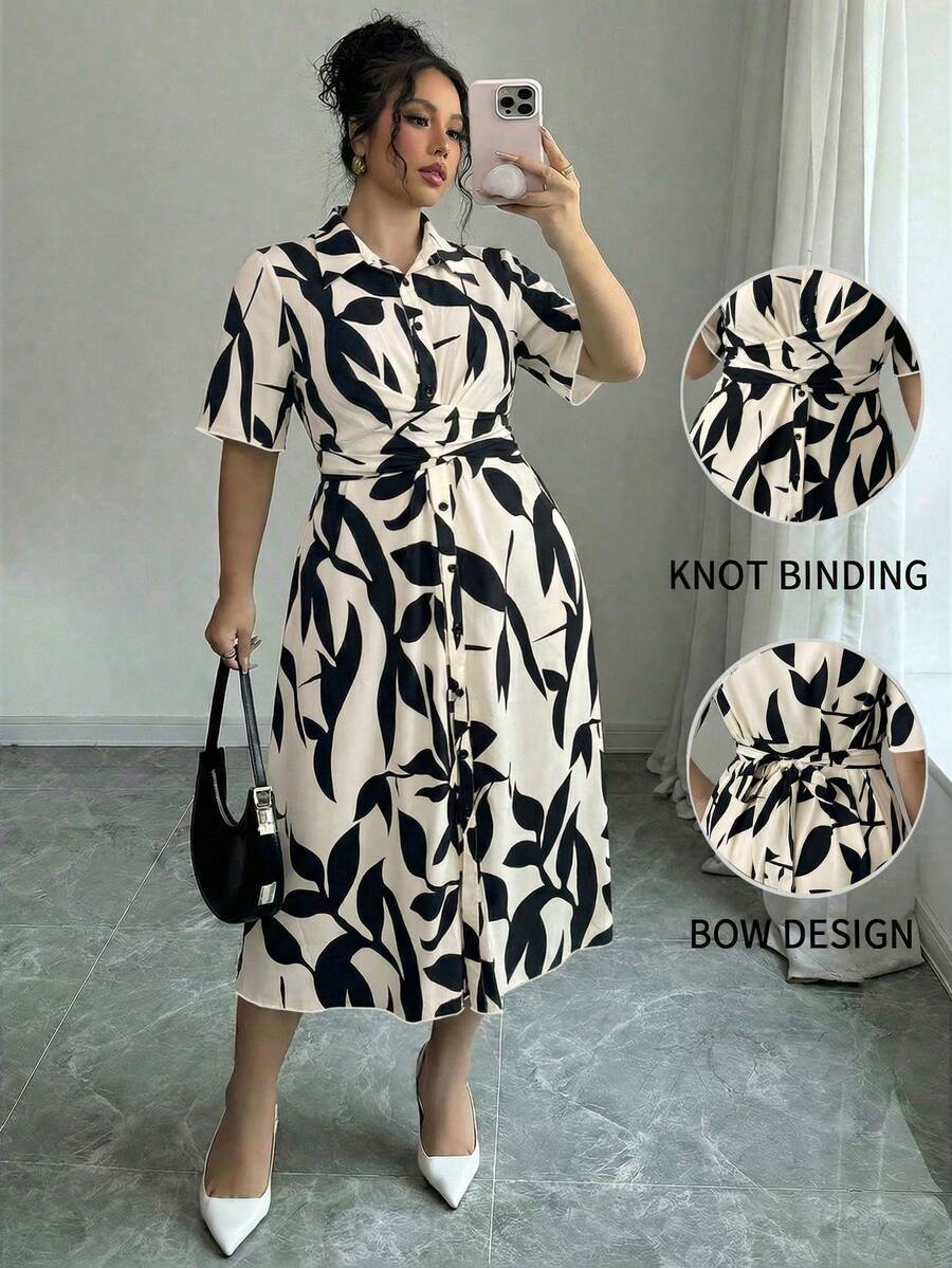 Elenzga Plus Size Casual Printed Short Sleeve Shirt Collar Dress - Apricot - View 1