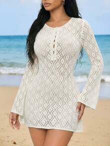 Autumn Bell Sleeve Hollow Sexy Beach Knit Dress For Women - White - View 7