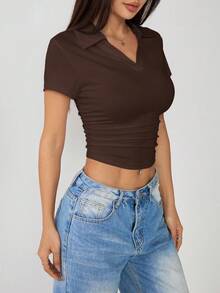 SHEIN PETITE 女士纯色翻领短袖褶裥修身休闲T恤 - 棕色 - 查看 5