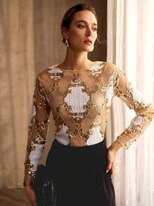 MOTF PREMIUM RHINESTONE EMBROIDERY SEQUIN DECOR LOOSE FIT ROUND NECK LONG SLEEVE TOP FOR WOMEN - Multicolor - View 3