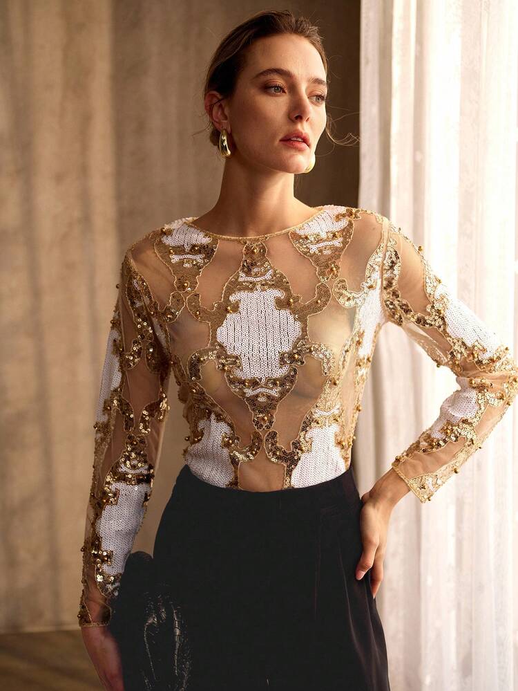 RHINESTONE EMBROIDERY SEQUIN DECOR LOOSE FIT ROUND NECK LONG SLEEVE TOP FOR WOMEN