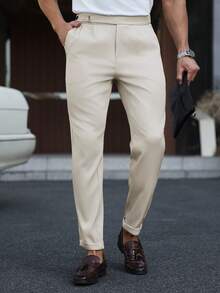 Manfinity Mode 男士素色壓褶口袋休閒百搭通勤商務西裝長褲，正式、儀式感 - 米色 - 查看 5