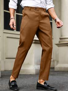 Manfinity Mode Pantalones de traje de unicolor versátiles para ir al trabajo, formales para hombres - Café integral - Ver 3