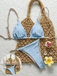 Swim Mod 女士两件式双面条纹波点印花休闲泳衣套装，女士泳装，女士两件式比基尼套装，女士比基尼，女士沙滩装，女士泳装套装 - 淺藍色 - 查看 1