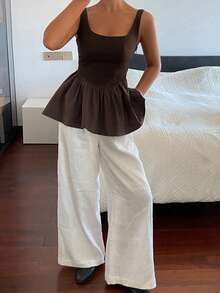 DAZY Women's Solid Color Square Neck Waist Splice Ruffle Hem Zipper Elegant Summer Vacation Camisole Babydoll Top - Brown - View 5