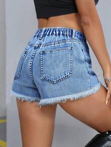 Pantalones cortos vaqueros desgastados con bajo deshilachado y tiro bajo, estilo casual de primavera y verano para adolescentes, apropiados para playa, conciertos, festivales, vacaciones, primavera y Día de San Valentín - Azul lavado medio - Ver 2