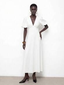 Maija 女士纯色深V领短花瓣袖露背中长连衣裙 - 白色 - 查看 9