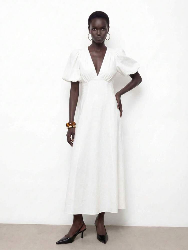 SHEIN Maija Women's Solid Color Deep V-Neck Short Petal Sleeve Backless Midi Dress, Summer Dress, Summer Outfits, Summer Dresses For Women, Summer Clothes, Summer Outfit For Women, Spring Clothing, Spring Dress , Spring Women, Festival Dress, Elegant Dresses For Party, Elegant Party Dresses, Wedding Guest Dress For Women, Wedding Party Dress, Weddings & Events, Bridesmaid Dress, Wedding Guest Party Dress, White Dresses , Backless Design With Puff Sleeves