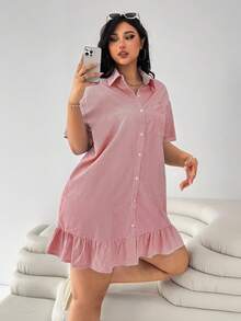 Solflare Plus Size Pink Sequin Striped Short Sleeve Ruffle Hem Splice Loose Casual 90s Cute Dress Summer Smart Back-To-School Vacation Commuting Daily - Redwood - View 1