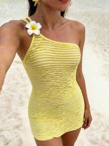 Bellisia Women's Yellow Summer Casual Vacation Holiday Backless Camisole High Waist Bodycon Dress,Hibiscus Accessory Elegant Wavy Bikini Swimsuit Coverup - Yellow - View 8