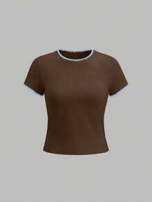 Airaco 3pcs/Set Shell Trim Embroidered Colorblock Round Neck Women Cropped T-Shirts - Multicolor - View 7
