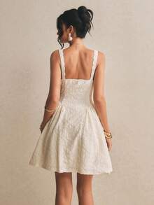 Poéselle Đầm ngắn không tay cổ chữ V họa tiết jacquard thanh lịch dành cho nữ - Màu be - Xem 3