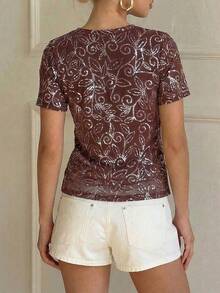 Lavishia 女士亮片装饰圆领短袖浪漫优雅衬衫 - 紫色 - 查看 2