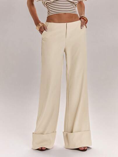 SHEIN BAE 女士杏色休闲复古口袋喇叭裤，复古风格，商务休闲装，户外服饰，返校季，杏色喇叭裤，休闲裤，复古裤，夏季长裤