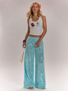 SHEIN BAE Quần ống rộng cạp thấp màu xanh bóng, quần đi nghỉ mát, quần đi biển, quần nghỉ xuân, quần đi ăn trưa, quần đính hạt, quần Ibiza, quần mùa hè, quần đi nghỉ mát kiểu Ý - Màu xanh ngọc - Xem 6