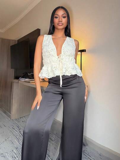 Natali Santanap 女式提花深V领系腰荷叶边下摆性感时尚衬衫