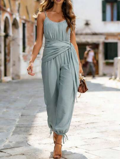 Linhara CURVE Women's Plus Size Solid Light Gray V-Neck Sleeveless Camisole With Tie Waist, Wide Leg Jumpsuit + Layered Ruffle Tie Skirt, Multi-Wear Styles For Vacation, Commute, Casual, Retro, Date, Elegant Jumpsuit, Summer New Arrival