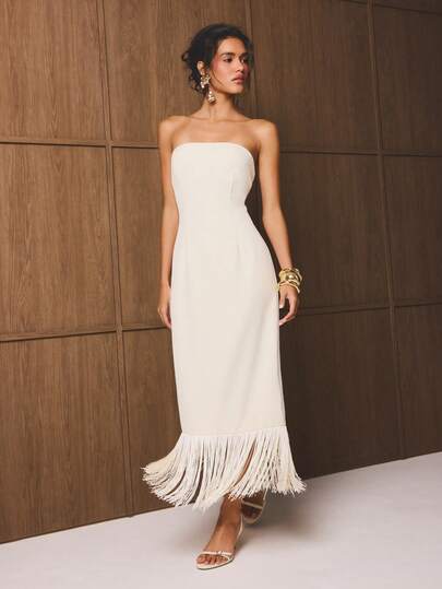 AiiRZ Strapless Fringe Hem Midi Bodycon Dress With Gold Ring Detail For Evening Party Occasions