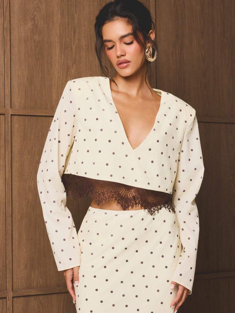 Polka Dot V Neck Blouse With Lace Hem