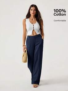 SHEIN Tall 100% 水洗棉低腰直筒裤 - 藏蓝色 - 查看 7