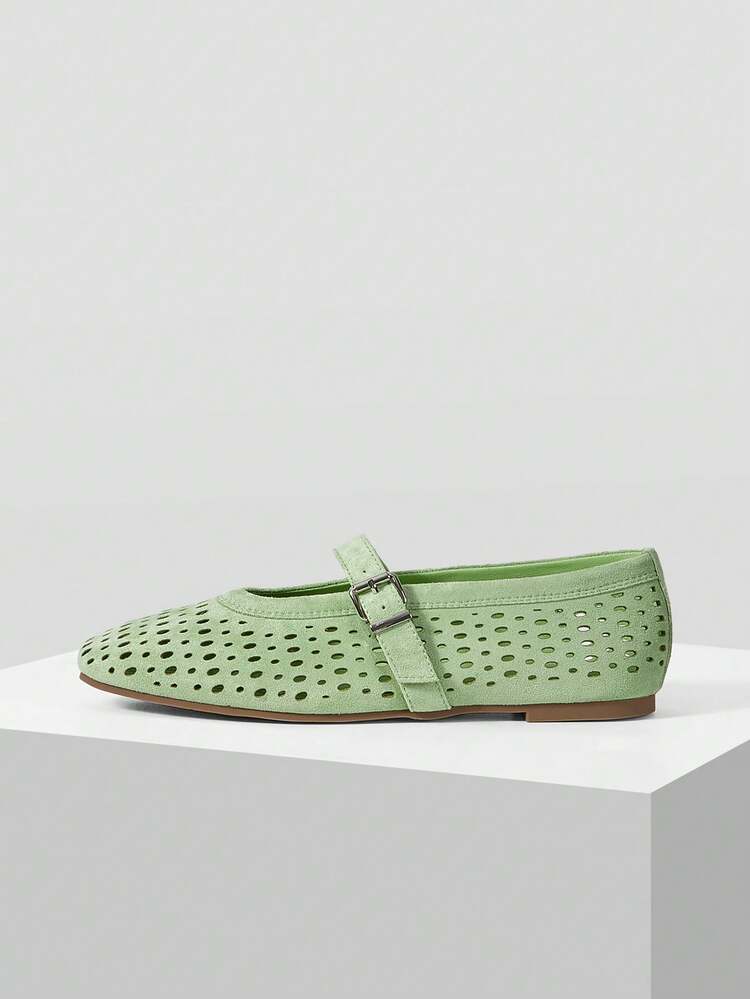 LADIES FRENCH NEW SUEDE HOLLOW BUCKLE WITH SQUARE TOE FLAT SHOES, GREEN VERSATILE GENTLE ELEGANCE LIGHTWEIGHT NON-SLIP COMFORTABLE FAIRY STYLE VACATION MARY JANE SHOES