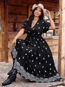 Ceyna Plus Size Black Woven Casual Vacation Elegant Drawstring Shoulder Sleeve Waist Dress, Spring/Summer Boho Plus Size Dresses Plus Size Women's Clothing Stores Online Plus Size Rodeo Outfits Plus Size Western Dresses For Women Plus Size Cowgirl Dress - Black - View 7
