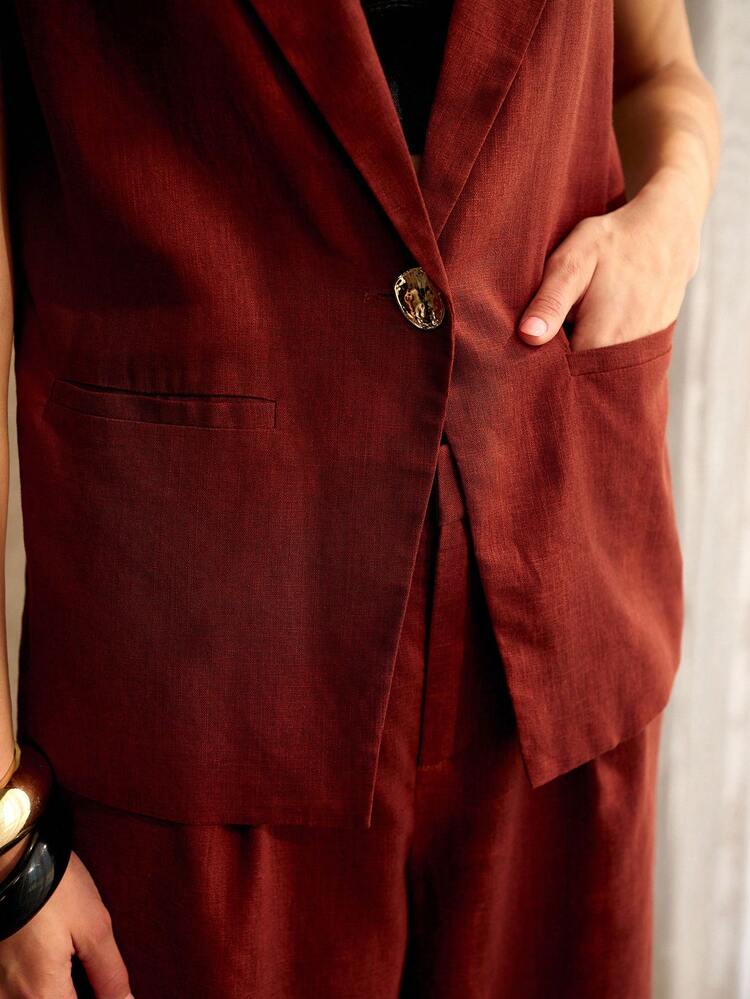 WOMEN'S BRICK RED SLEEVELESS BLAZER & WIDE LEG LINEN PANTS 2 PIECES SET