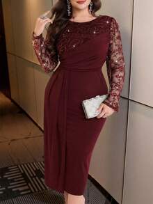 Modelyn Plus Size Elegant Party Formal Formal Formal Wedding Sequin Lace Patchwork Dress Burgundy Autumn Fall - Burgundy - View 6
