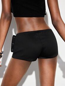 GENKIRA 黑色多排银色铆钉低腰短裤，简约设计，百搭朋克摇滚音乐节派对性感街头风休闲通勤装。 - 黑色 - 查看 2