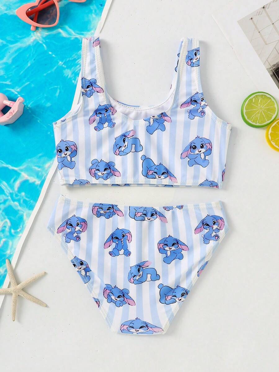 Young Girl Casual Daily Vacation Blue Cute Cartoon Print Camisole Top & Bottom Swimsuit 2 Pieces Set - Blue - View 1