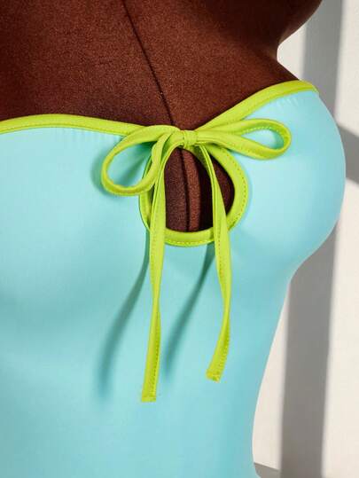 Amplova 女士撞色滚边蓝色镂空系带性感前卫风格连衣裙，适合度假，可爱性感紧身迷你连衣裙