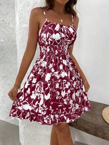 Breezaya Vestido mini con tirantes estampado floral vintage, elegante y versátil para vacaciones que estiliza y ilumina - Rojo - Ver 3
