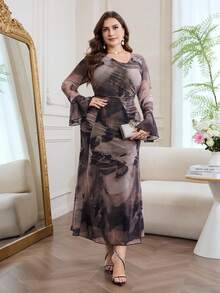 Modelyn 优雅休闲圆领套头针织纹理网纱拼接印花长裙，适合大码女性，春夏款 - 彩色 - 查看 1