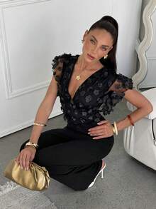 Lavishia Ruffled Sleeve V-Neck Cinched Waist Wide Leg Romantic Elegant Jumpsuit - Black - View 5