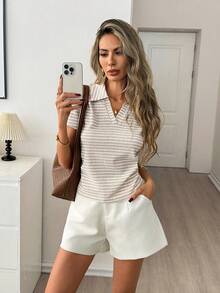 Easowa Áo polo dáng ngắn cổ bẻ, eo nhún, chất liệu vải kẻ sọc, kiểu dáng thoải mái, thanh lịch, thích hợp đi làm, đi nghỉ mát cho nữ, mùa xuân/hè. - Nhiều màu - Xem 2