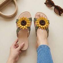 Flat Sandals With Sunflower Application Stripes Texture Braided MIA100 Beach Style Spring - 金子 - 查看 1