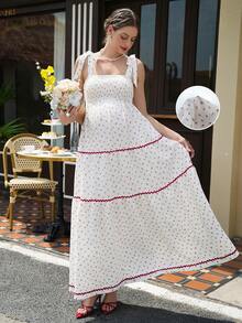 Momance Women's Long Ditsy Floral Spaghetti Strap Tie Bow Elegant Maternity Dress - Apricot - View 4