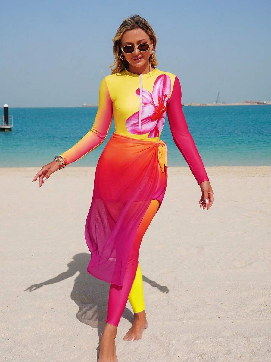 Swim Mulvari Bộ burkini 3 món kiểu dáng thanh lịch, in họa tiết ombre, có khóa kéo, hiệu Lily, thích hợp cho kỳ nghỉ xuân/hè. - Nhiều màu - Xem 1