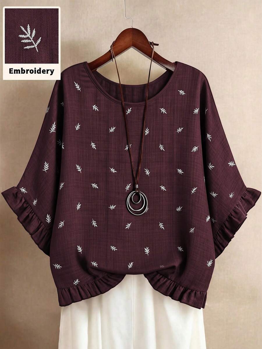 SHEIN EMERY ROSE CURVE 大码女式休闲度假风花卉刺绣荷叶袖宽松衬衫,春夏秋季 Z65c7 码女装折扣女式衬衫新款优雅 Yk2k 上衣 Zanzea 女式衬衫刺绣上衣叶子印花上衣荷叶袖上衣酒红色上衣女式上衣 Zanzea 裤装和衬衫套装女式衬衫休闲优雅女式衬衫 Zanzea T 恤 - 棕色 - 查看 1