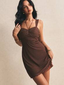 Poéselle 女士波点印花褶皱吊带迷你连衣裙 - 棕色 - 查看 4