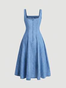 SHEIN MOD 女士方领无袖休闲牛仔连衣裙 - 淺色水洗藍 - 查看 2