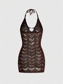 ROMWE Hippie Women's Retro Vacation Sexy Hollow Wood Bead Decor Halter See-Through Knit Dress Golf Pastal Autumn - Brown - View 2