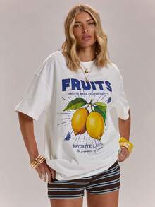 SHEIN BAE 女士圆领字母柠檬印花休闲百搭日常短袖T恤 - 白色 - 查看 1