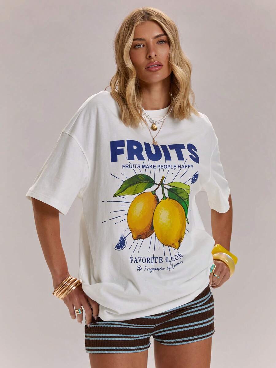 SHEIN BAE 女士圆领字母柠檬印花休闲百搭日常短袖T恤 - 白色 - 查看 1