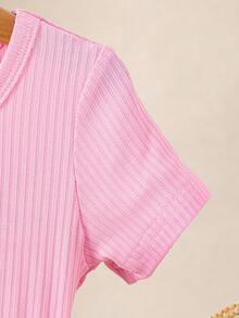 SHEIN Playful Pals 2件套女婴纯白T恤+卡通鸭子图案牛仔背带短裤套装，可爱百搭舒适弹力腰卷边短裤，夏季设计 - 粉色 - 查看 5