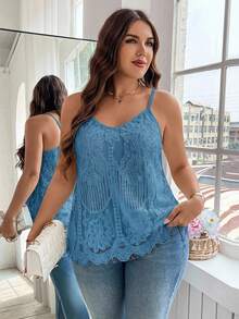 Reflora Plus Size Women Floral Lace Camisole - Mint Blue - View 5