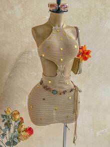 Soleia 性感露背吊带亮片镂空腰部金属装饰紧身毛衣连衣裙，波西米亚风，度假风，秋季女装，复古风，节日 - 卡其色 - 查看 3